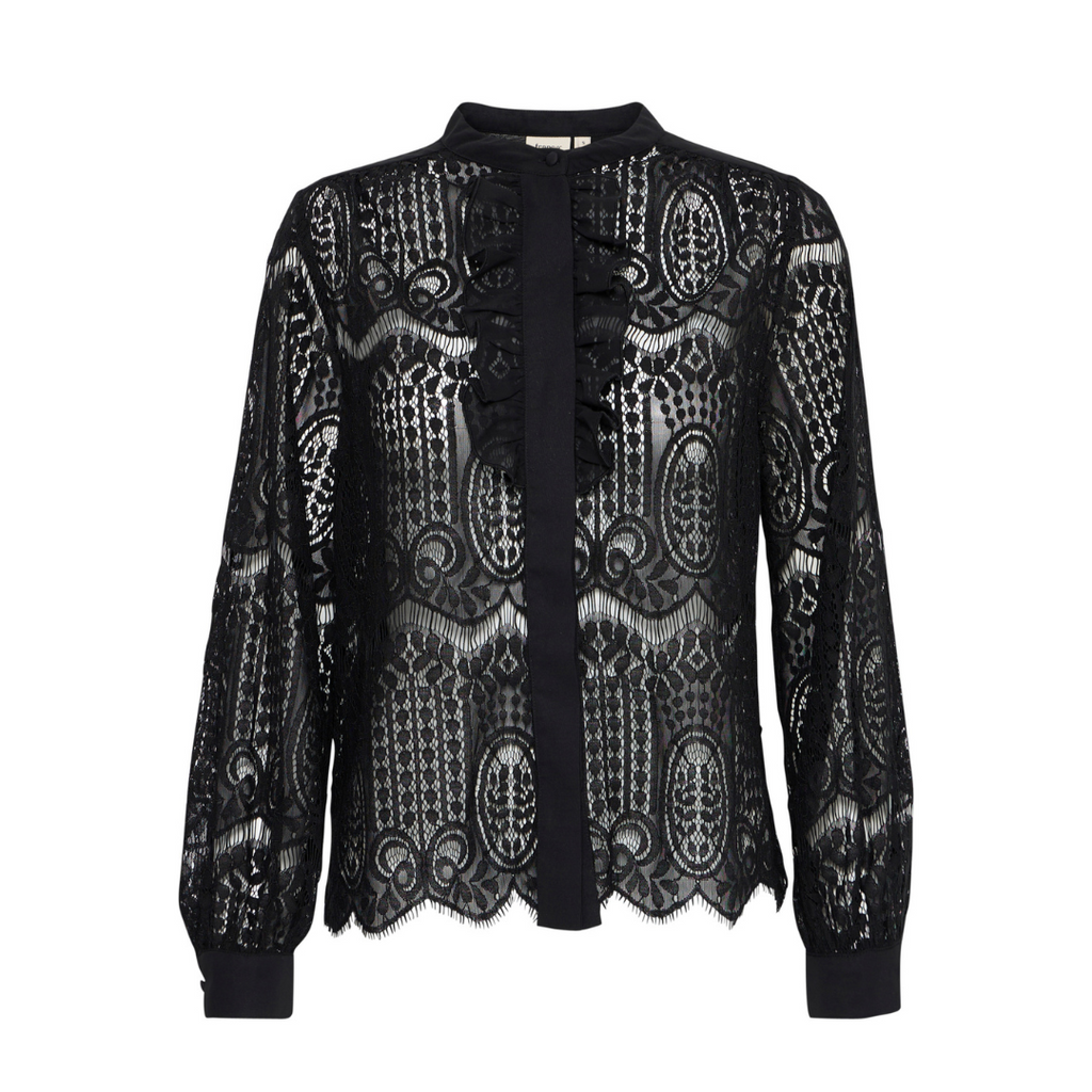 Black lace blouse by Fransa featuring a ruffled front and long sleeves with a buttoned cuff.