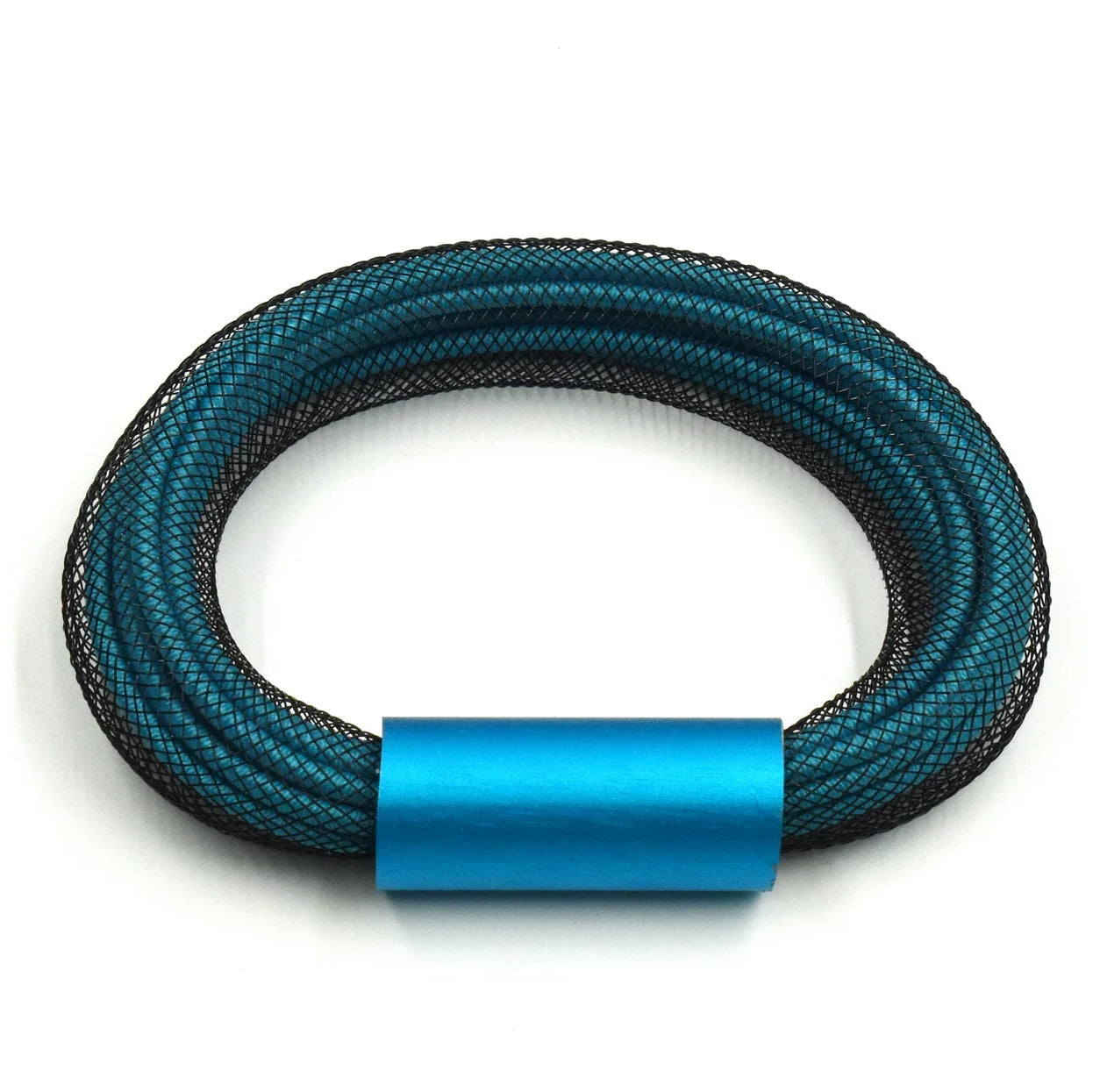 A braided black and teal bracelet with a bright blue metallic clasp, shown on a plain white background.
