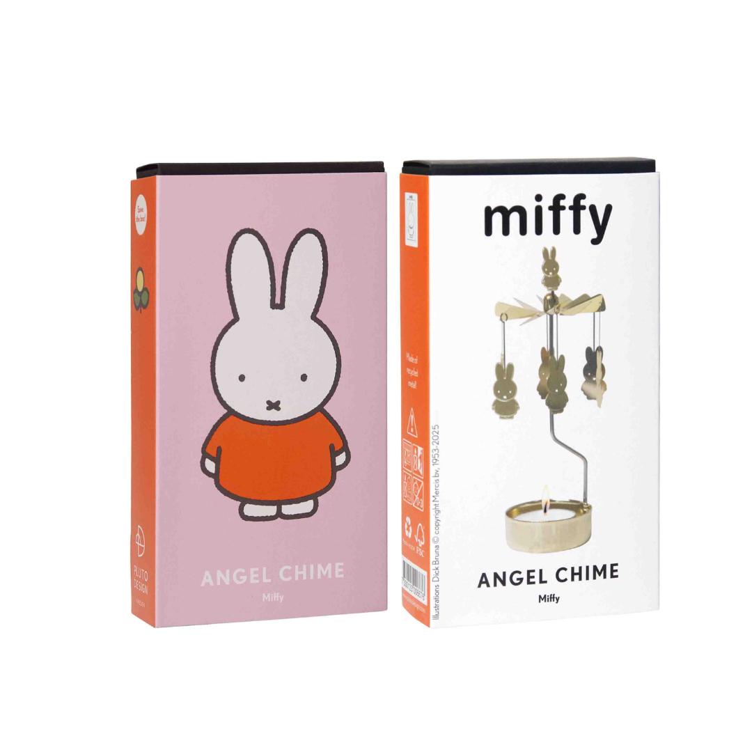 Miffy Angel Chime candleholder; gold metal carousel with Miffy bunny figures, rotating above a small candle.