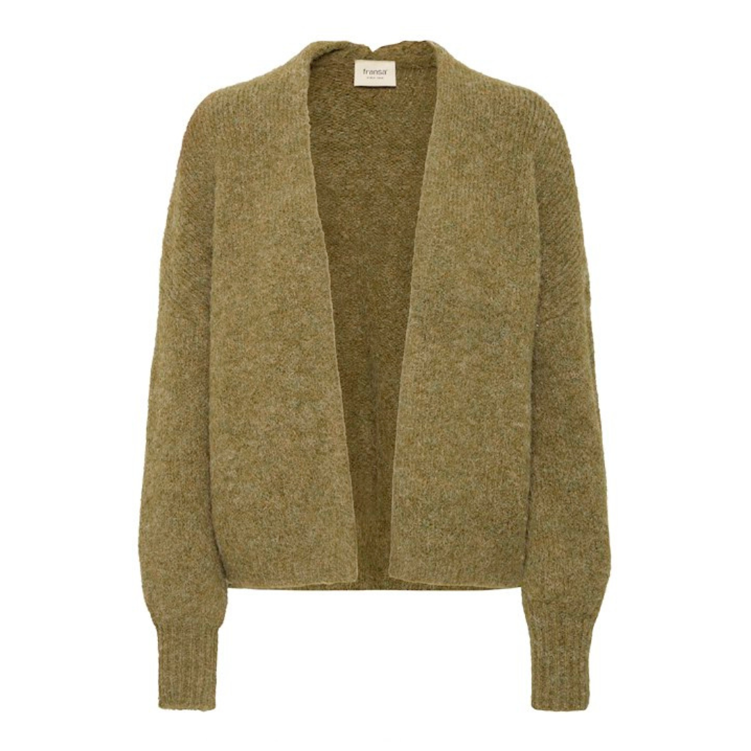 A green Elisa cardigan by Fransa with a relaxed fit, made from a blend of polyester, acrylic, wool, alpaca, and elastane.