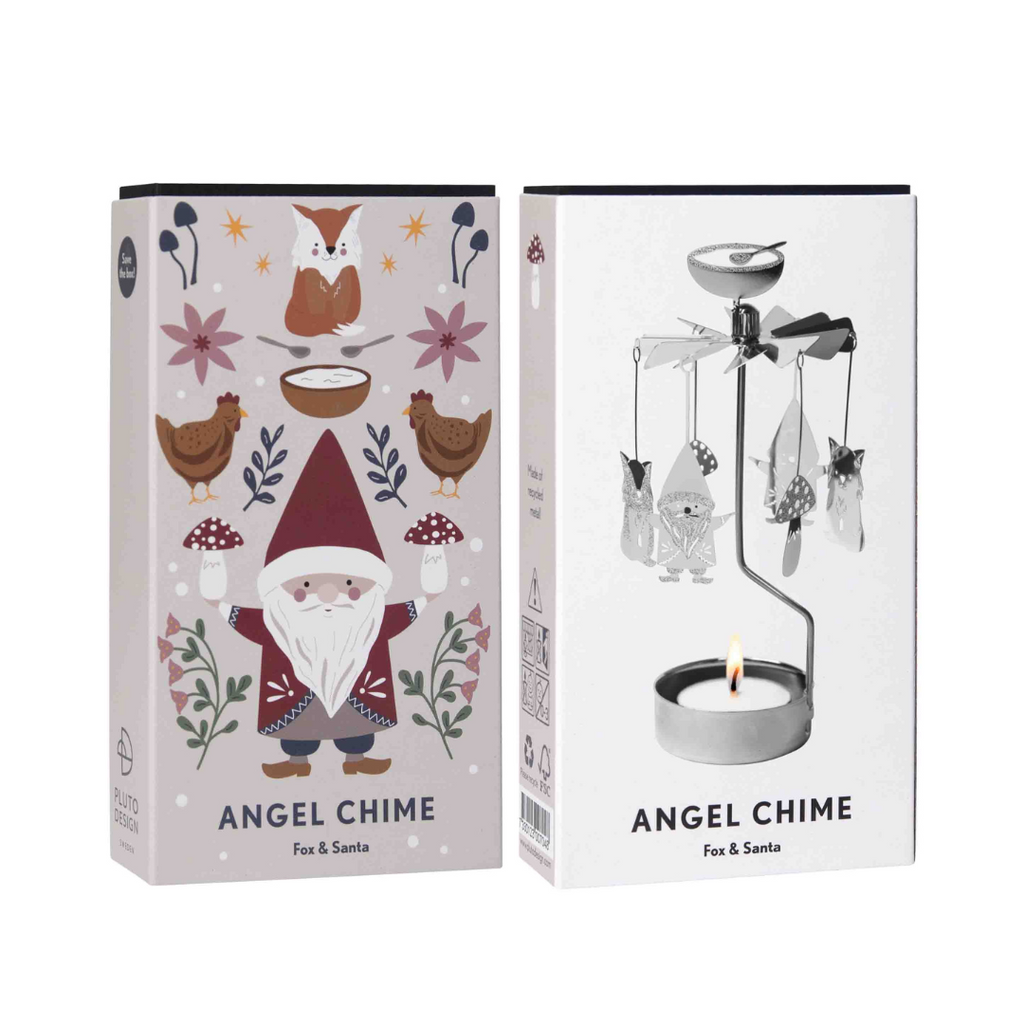 Two packaging boxes for an angel chime with different designs on a white background.