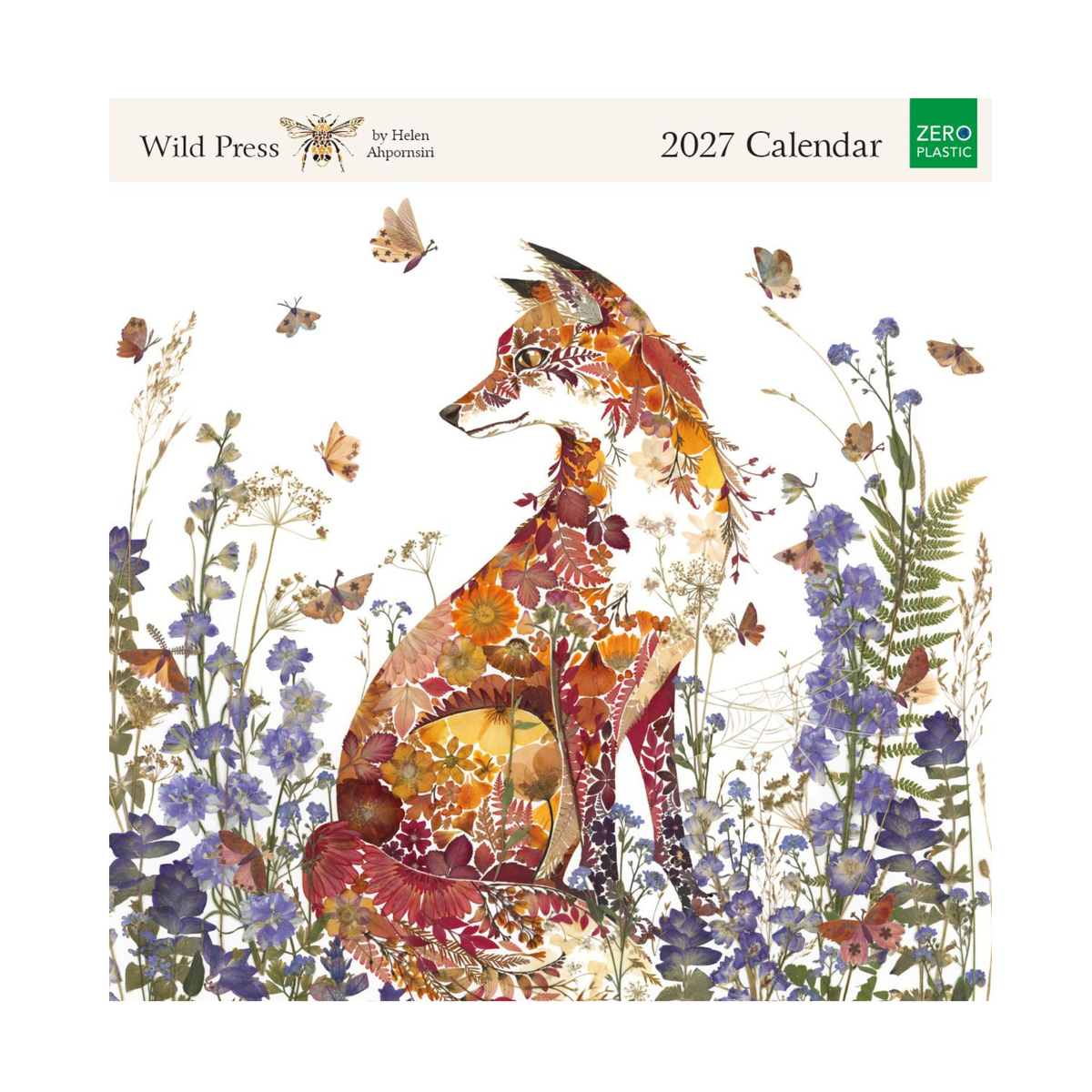 Front cover of the 2027 Calendar by Helen Ayrementi, published by Wild Press. The cover features a detailed illustration of a fox composed of autumnal leaves, flowers, and butterflies, surrounded by wildflowers.
