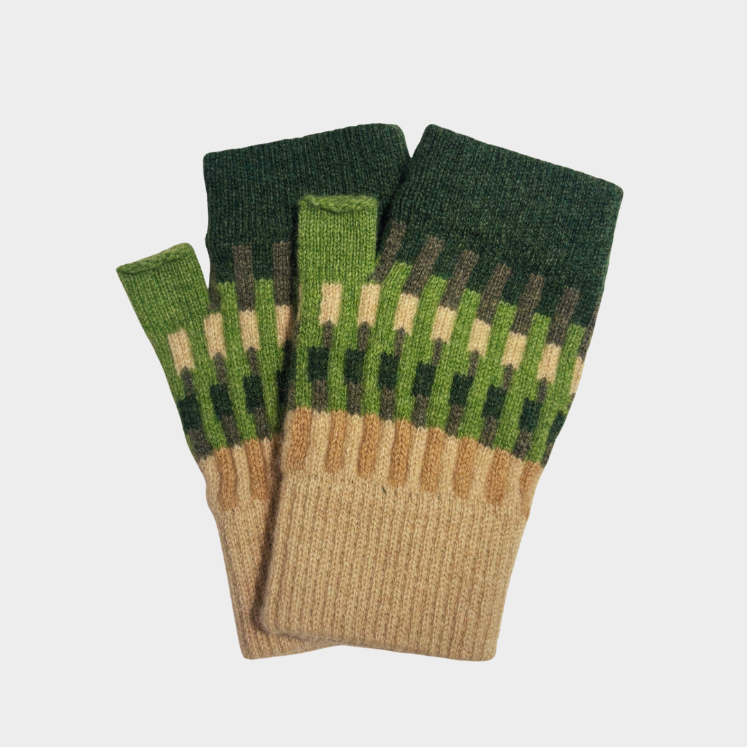 Harbour Fingerless Mittens - Oat, Field Green & Pine