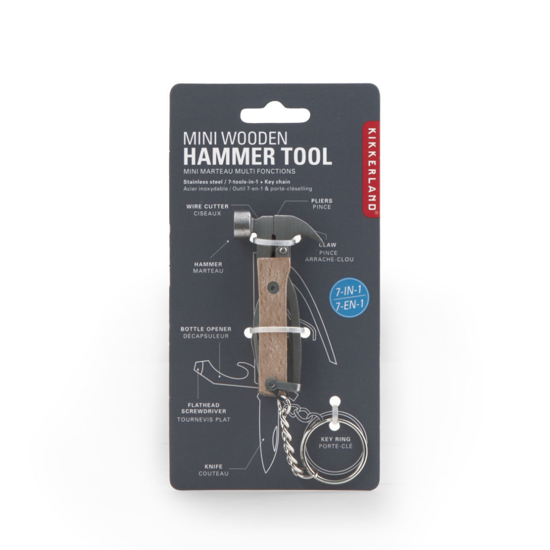 Mini wooden hammer tool with seven functions: hammer, pliers, wire cutter, claw, bottle opener, flathead screwdriver, and