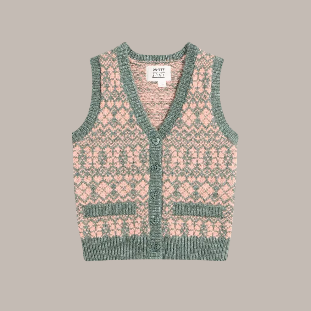 Green and pink patterned knit children's vest with button front and pockets.