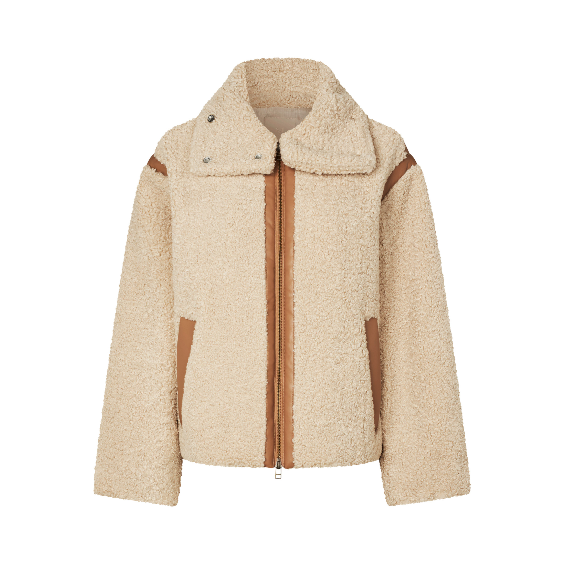 Beige sherpa jacket with brown accents on a white background