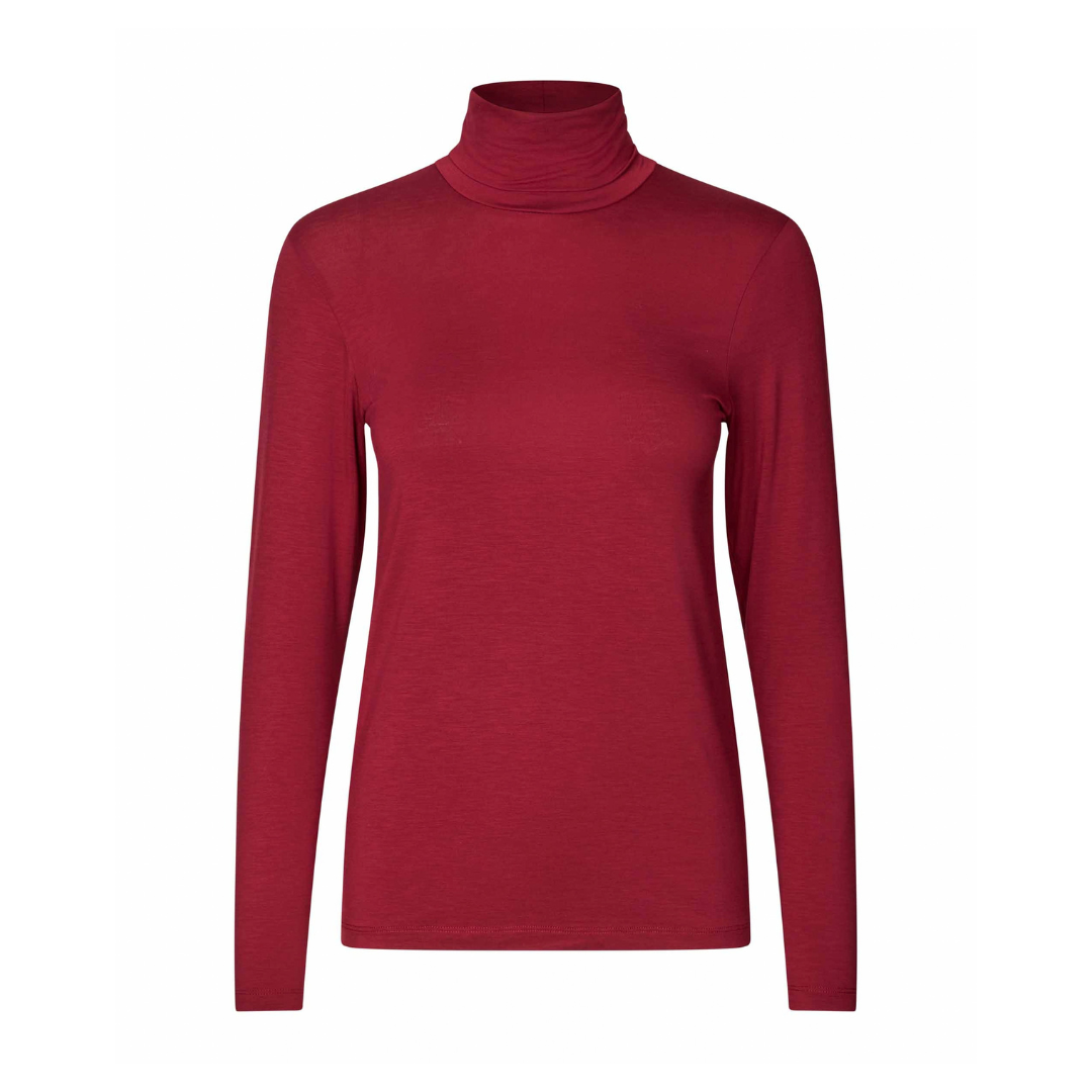 A women's long-sleeve turtleneck sweater in a deep burgundy red, displayed on a clean white background.