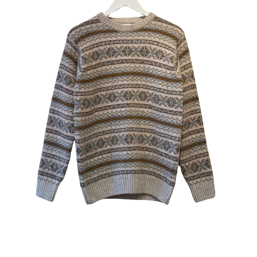 Cream-colored crewneck sweater with brown and gray Fair Isle pattern.
