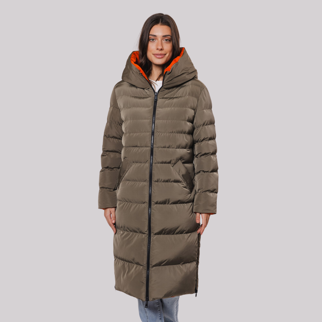 Long olive green puffer coat with a large hood featuring an orange interior.