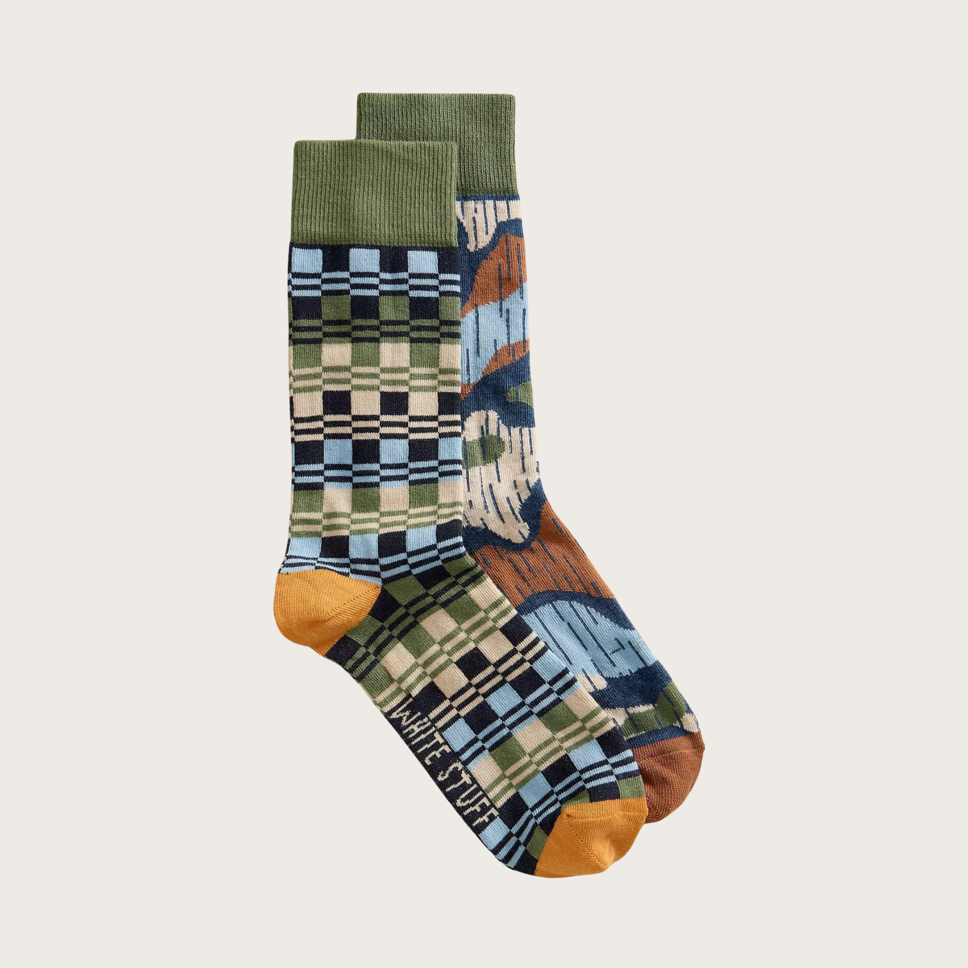 Pair of patterned socks on a light gray background