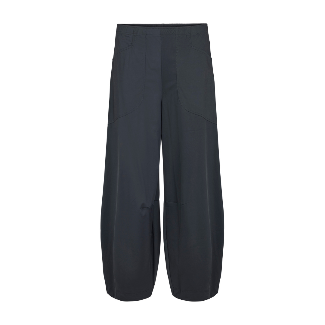 A pair of dark charcoal gray wide-leg cropped pants shown flat against a solid white background.