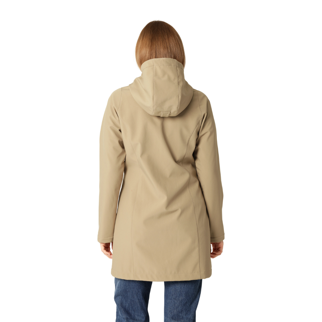 Rear view of a woman wearing a light beige, knee-length softshell hooded jacket. The jacket has a smooth texture and a relaxed