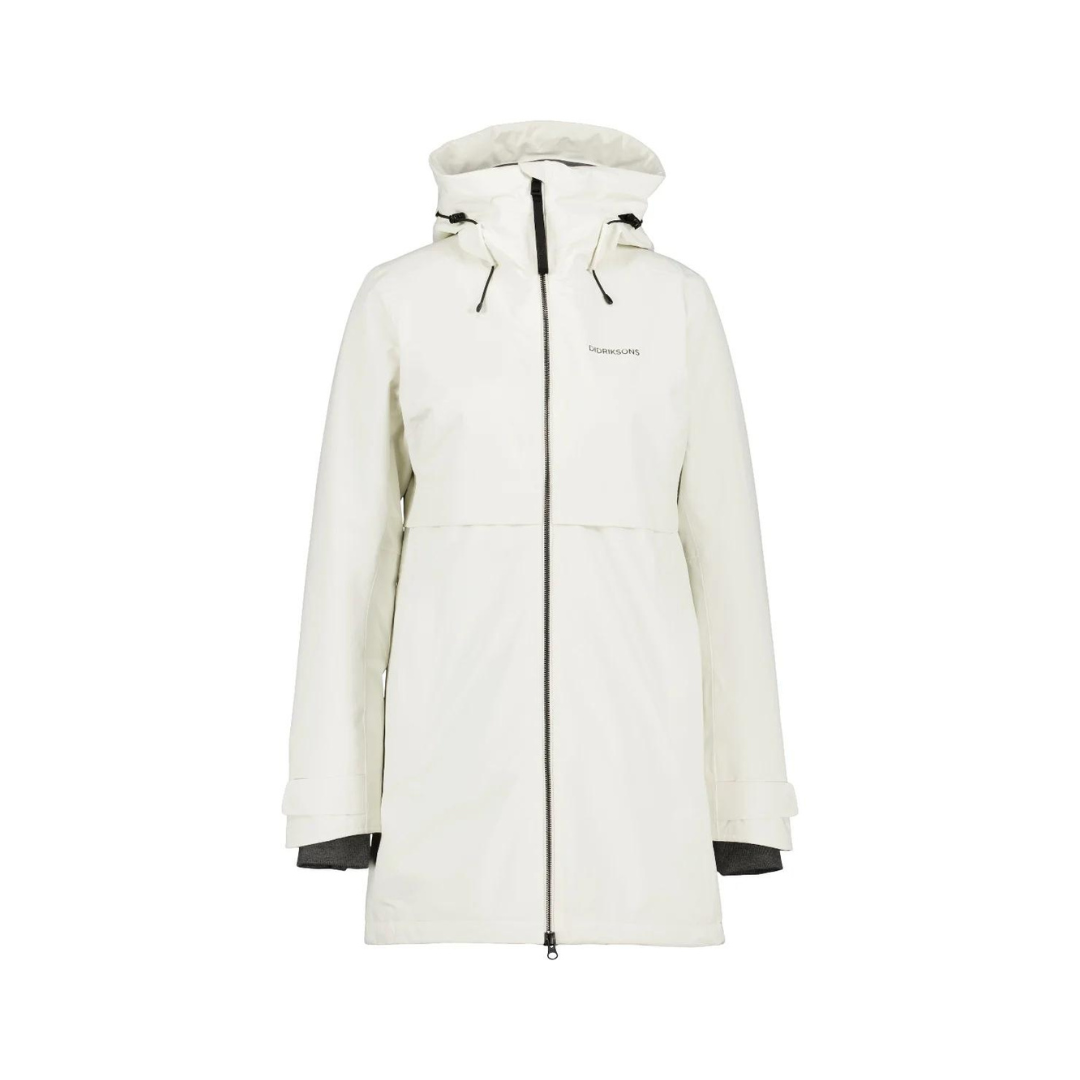 Off-white, long-sleeved zip-up jacket with a hood.  The jacket has a slightly A-line shape and subtle branding on the chest.