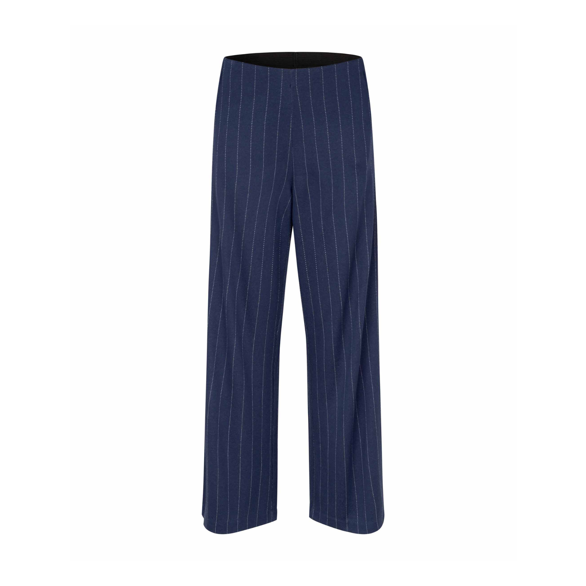 Navy pinstripe pants on a white background
