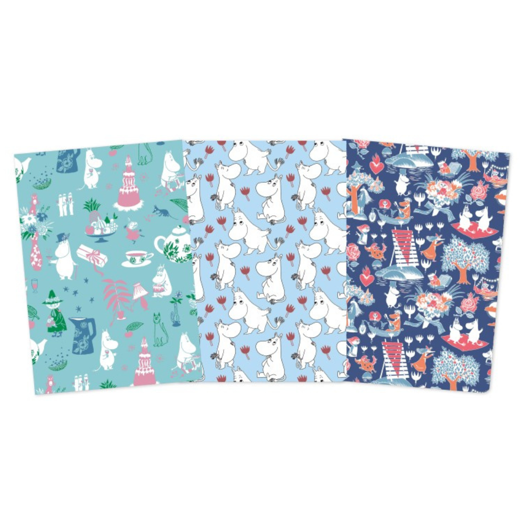 Three Moomin-themed wrapping paper sheets.