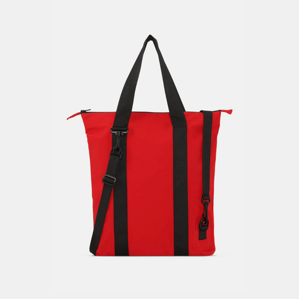 Red tote bag with black straps and shoulder strap; zipper closure.