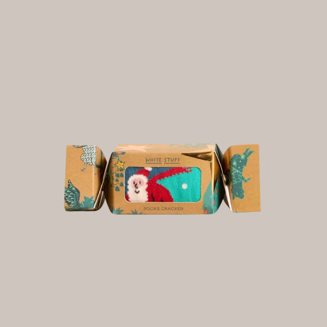 Christmas socks cracker featuring a Santa Claus design, packaged in a brown cardboard cracker.