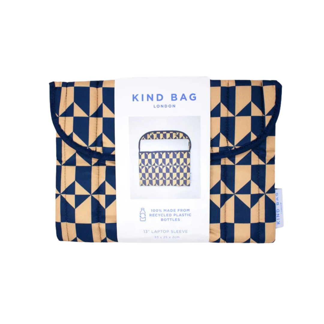 13" laptop sleeve in navy and beige geometric pattern. Made from recycled plastic bottles.