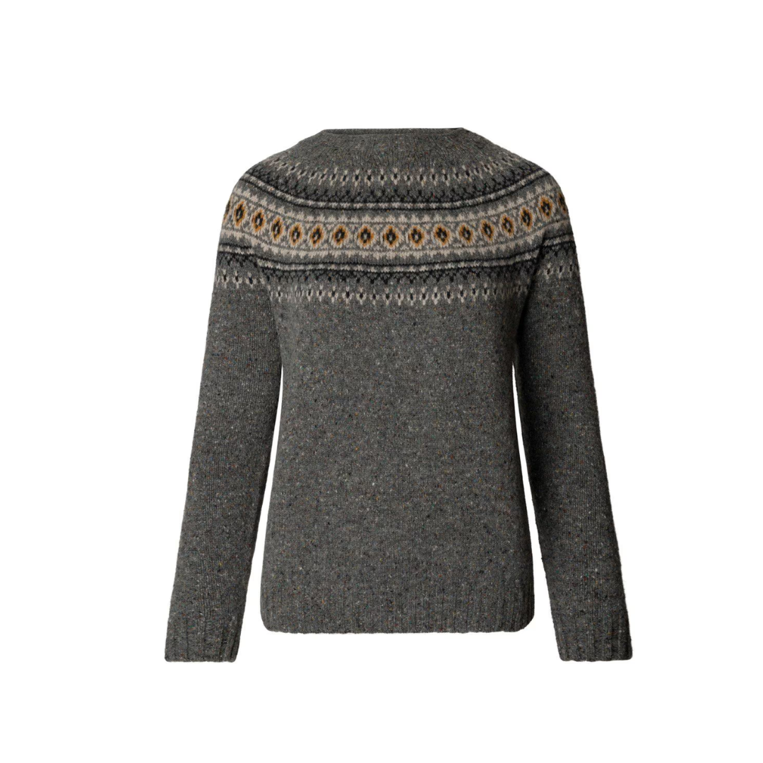 Gray wool crewneck sweater with a Fair Isle-style patterned yoke in beige, black, and mustard yellow.