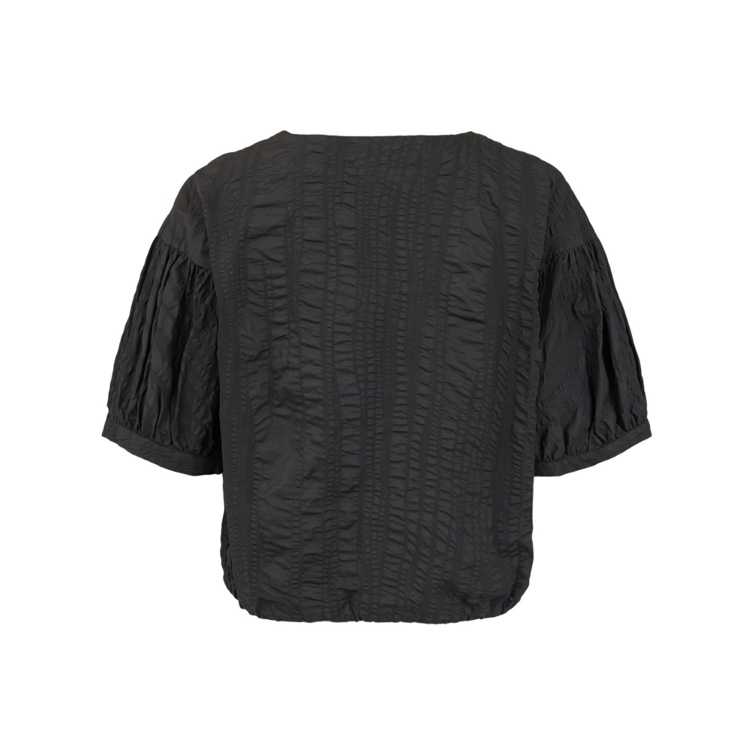 Black textured blouse with puff sleeves on a white background