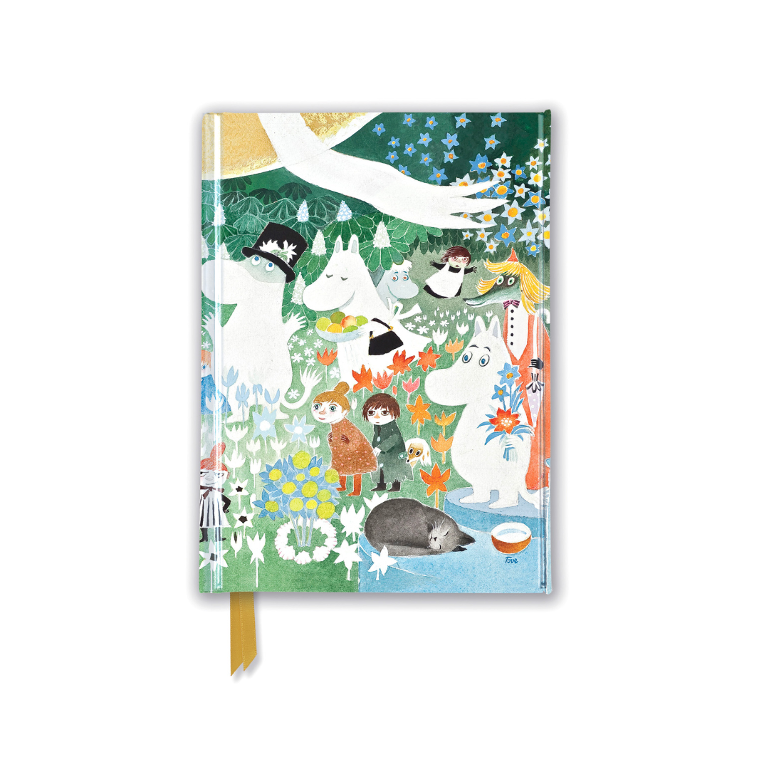 Moomin characters illustrated notebook; watercolor style, featuring Moomintroll, Moominmamma, and others in a garden scene.