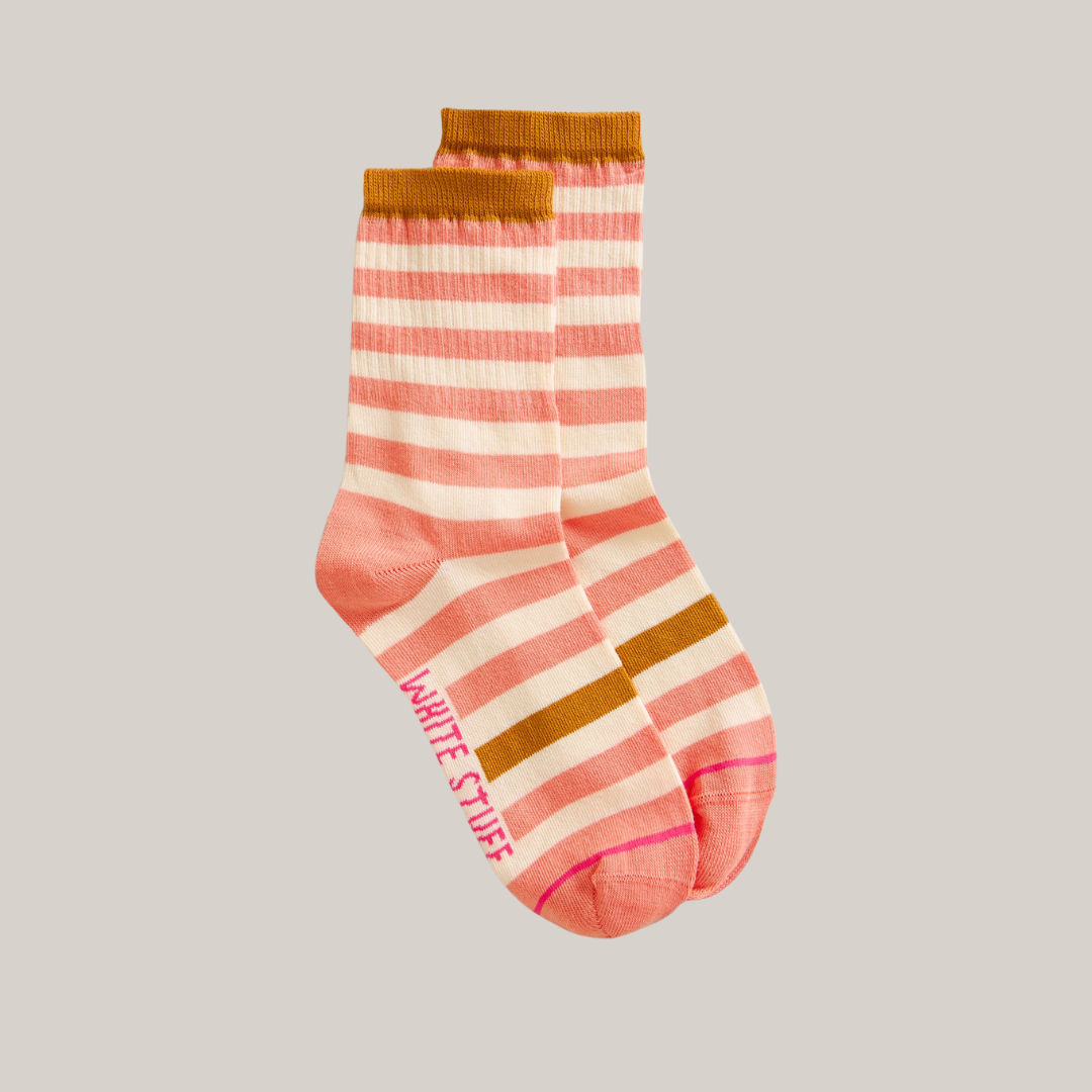 Pair of striped socks with a brand name on a gray background