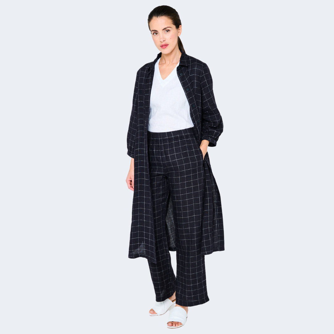 Navy blue gingham check pantsuit with a long shirt dress.  Wide-leg trousers and a collared, knee-length shirt dress.