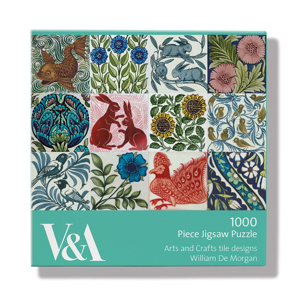 A 1000-piece jigsaw puzzle box featuring William De Morgan's Arts and Crafts tile designs. The box displays a 4x4 grid of colorful illustrations including rabbits, flowers, birds, and a rooster in red, blue, pink, green, and brown tones, with a teal bottom band displaying the 'V&A' logo and product details.