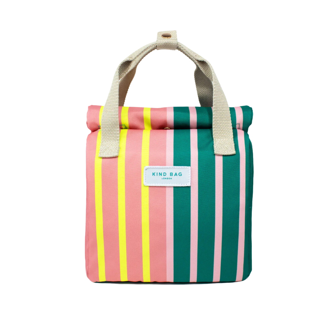 Kind Bag London striped lunch bag with pink, green, and yellow vertical stripes and beige handles.