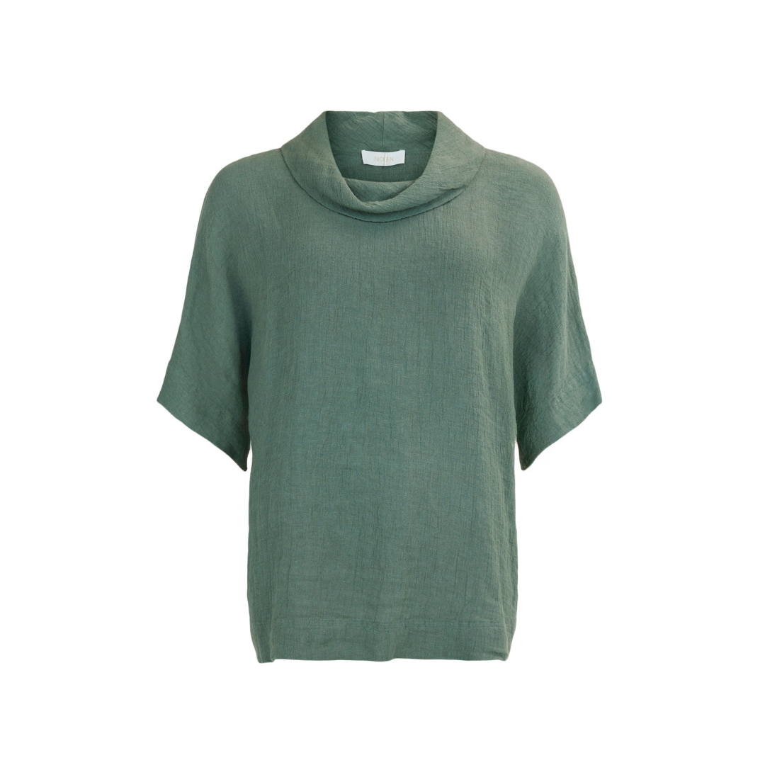 Green cowl-neck sweater on a white background