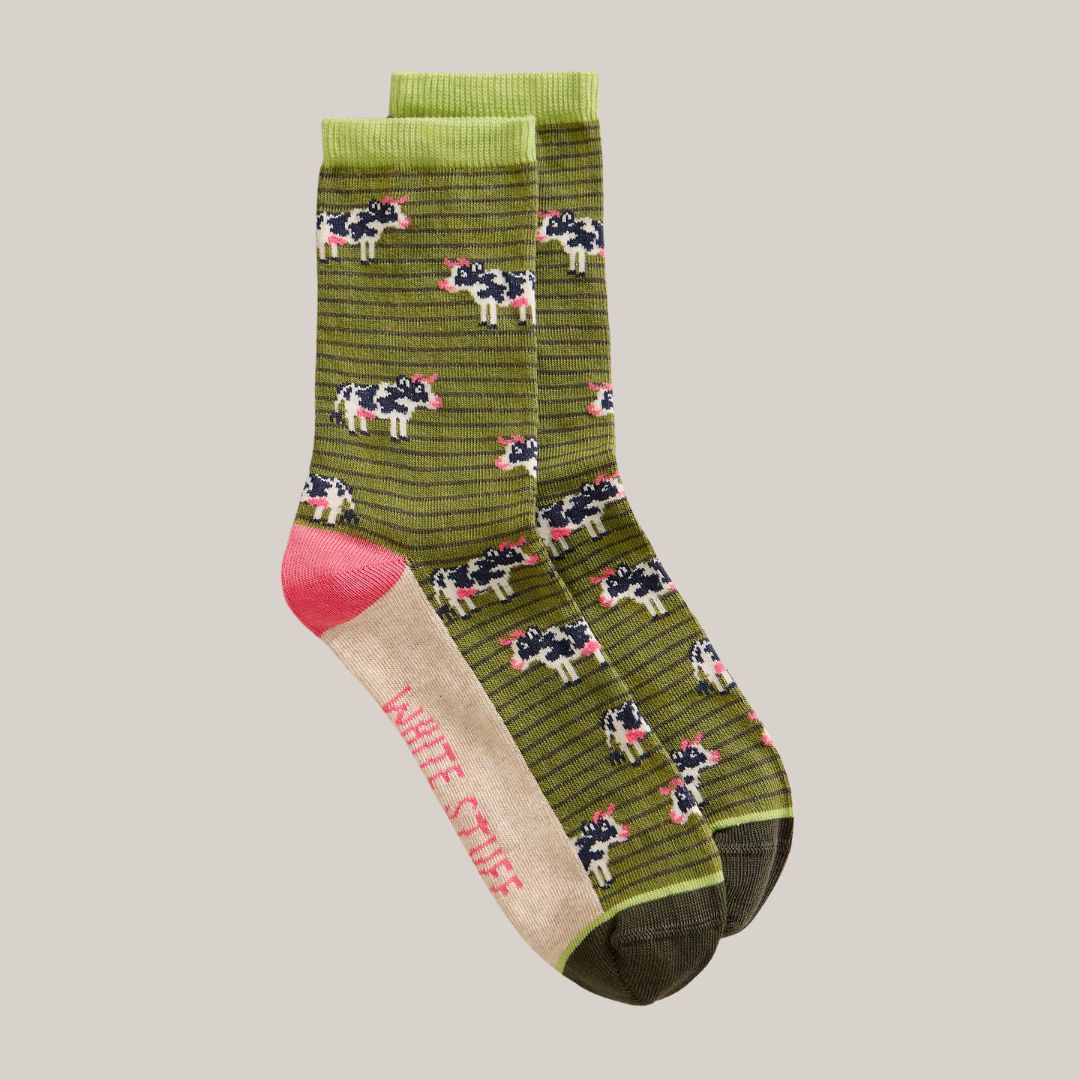 Novelty Cow Ankle Socks - Green Multi