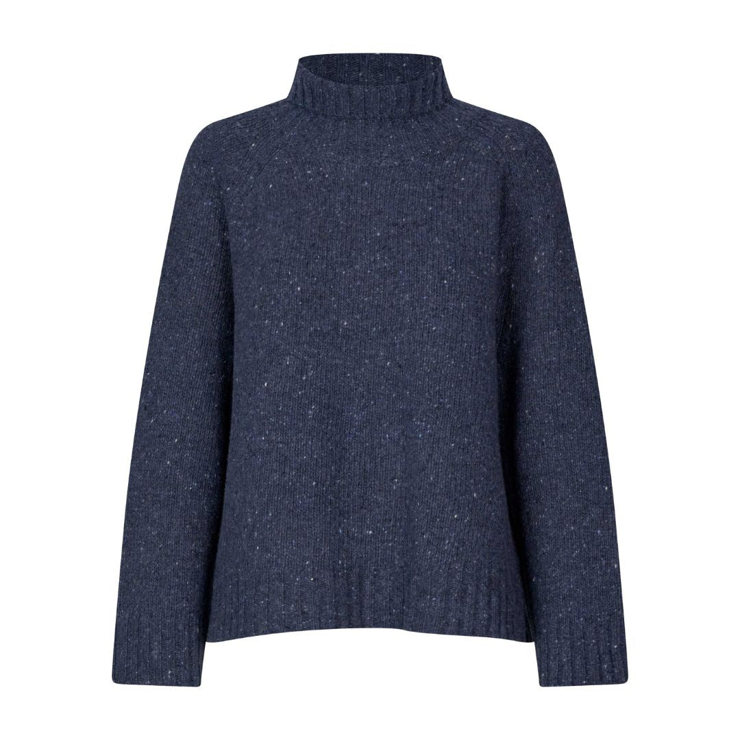 Navy blue turtleneck sweater on a white background