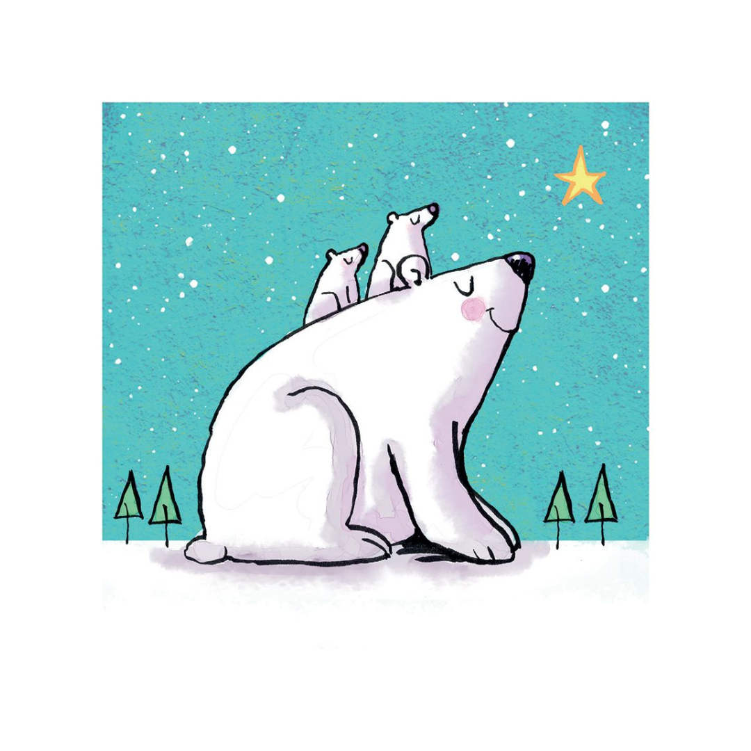 Illustration of a polar bear with two cubs under a starry sky.