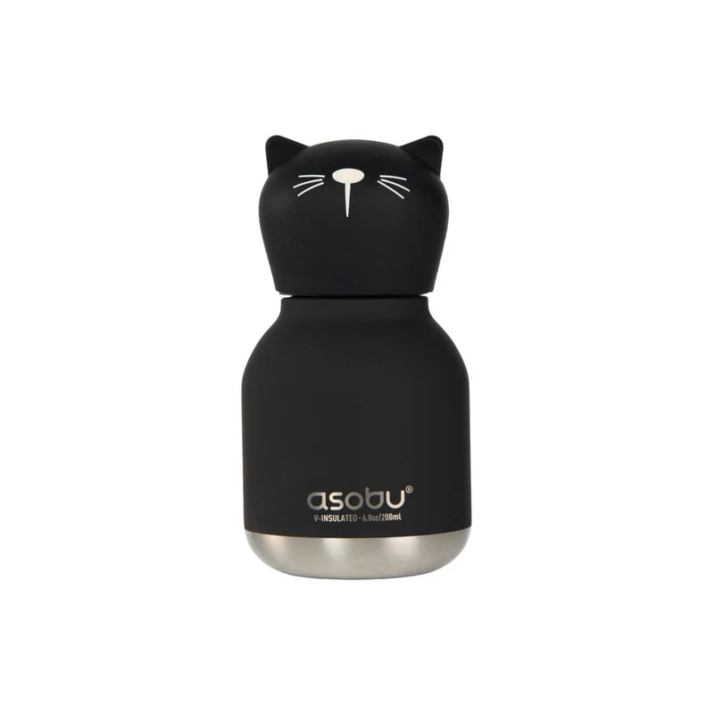 Black cat-shaped insulated bottle with 'asobu' branding on a white background