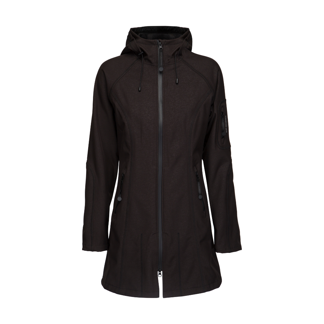 Dark brown women's softshell hooded jacket with zipper closure, pockets, and subtle texture.