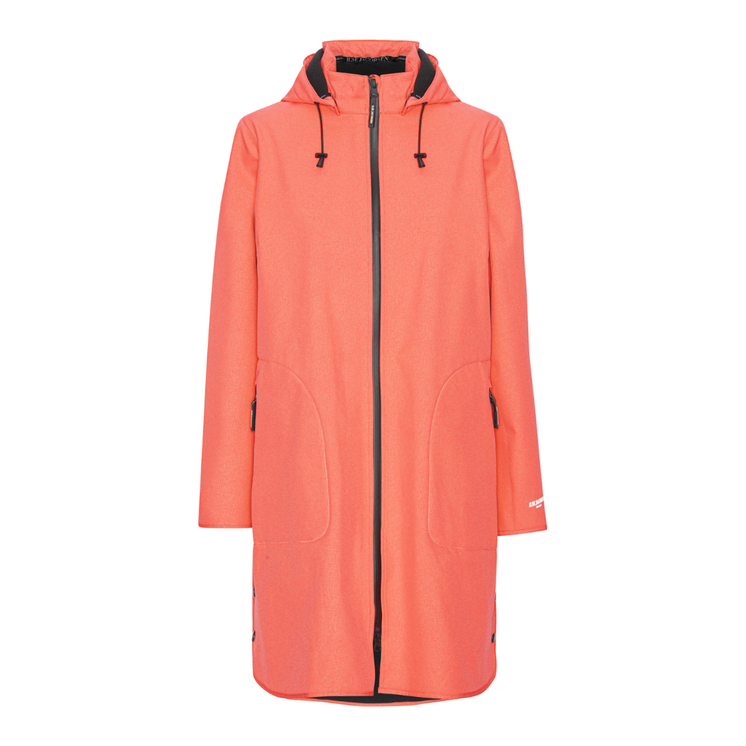 Coral-colored long raincoat with a hood and black zipper. Features two lower pockets and subtle branding.