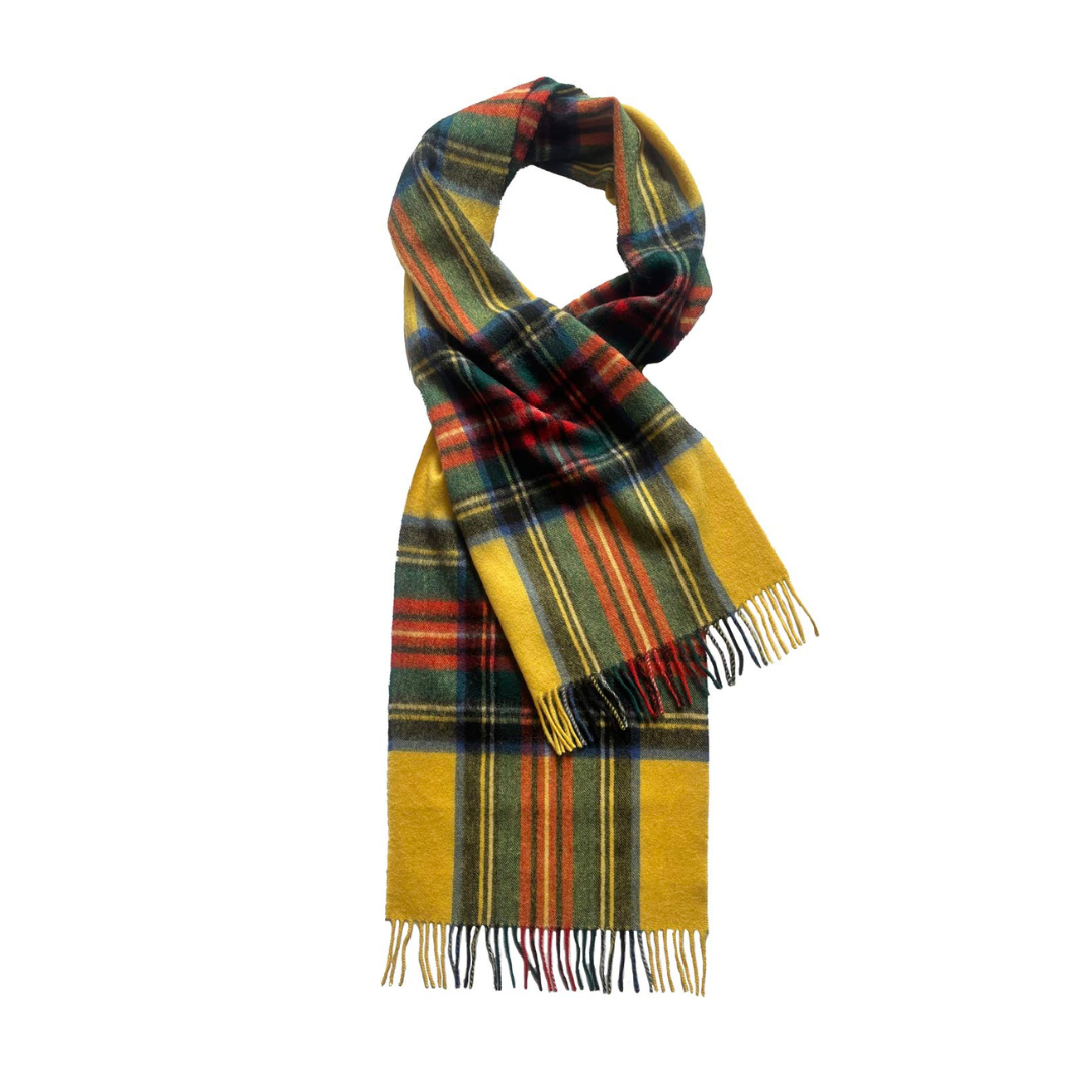 Plaid scarf with yellow and green pattern on a white background