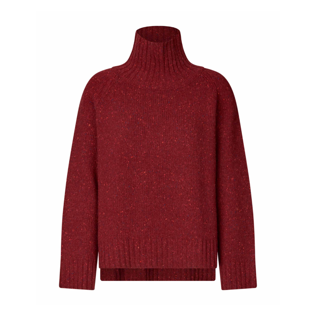 A dark red ribbed knit turtleneck sweater with subtle flecks, shown against a plain white background.