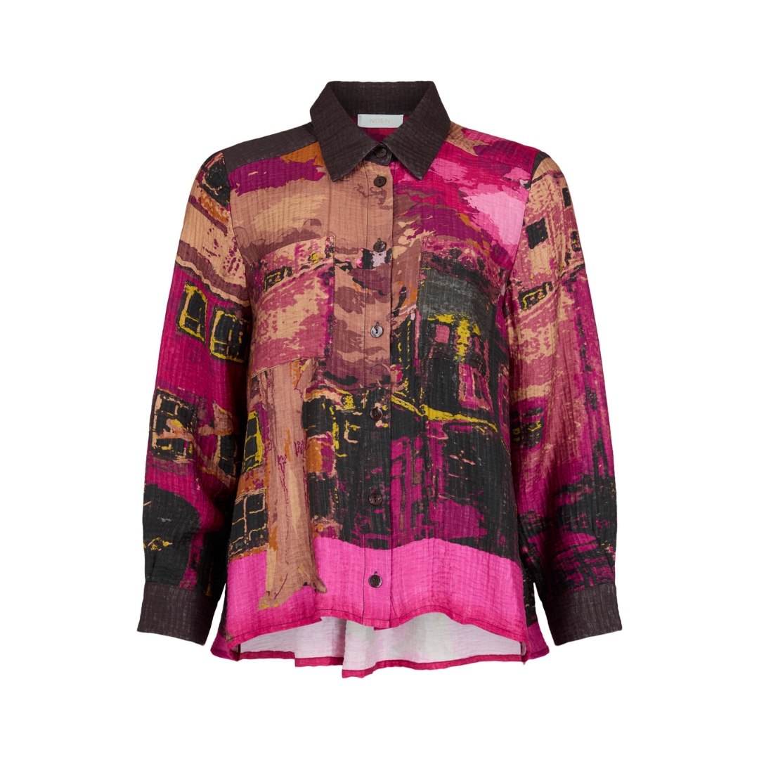 A women's long-sleeve button-up shirt with a dark brown knit collar and cuffs, featuring an abstract, painterly print in vibrant pink, brown, black, and yellow tones.