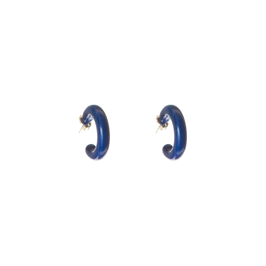 Pair of dark blue hoop earrings with gold clasps.