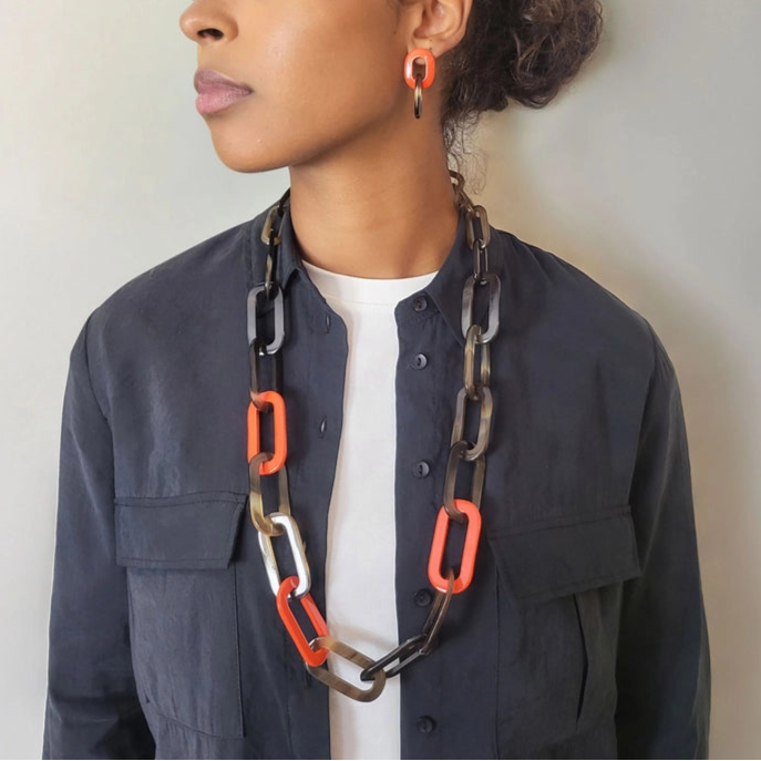 Long Link Horn Necklace - Orange & Brown