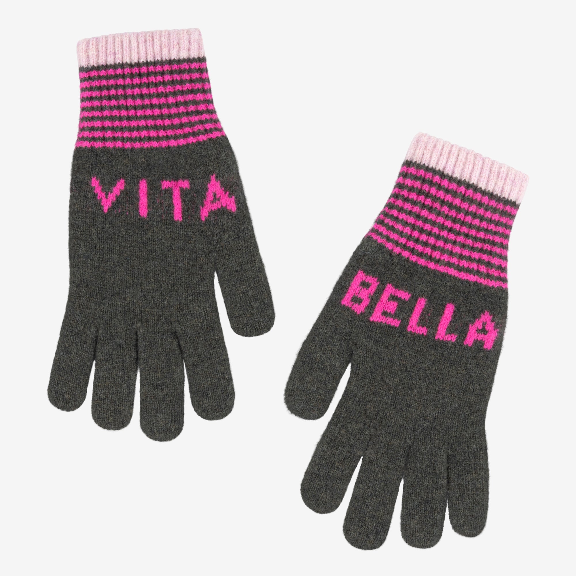 Pair of dark gray knit gloves with pink and white striped cuffs.