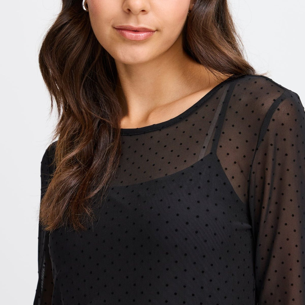 Close-up of a woman wearing a black sheer top with polka dots by Fransa. Soft waves in her hair.