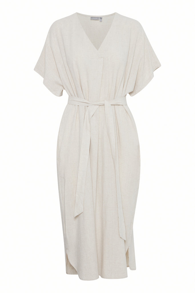 Fransa dress in light beige with a v-neck, short sleeves, and a belted waist. Casual and elegant design.