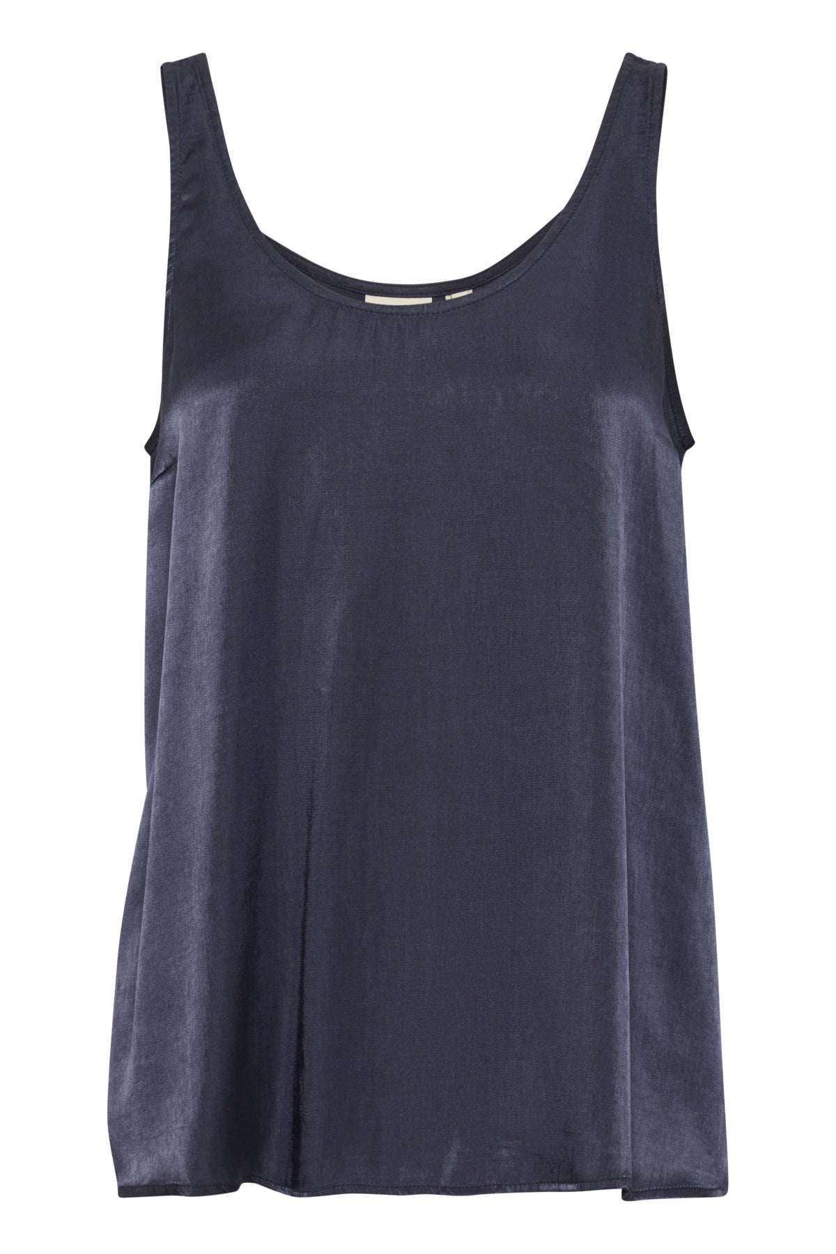Dark gray sleeveless satin top with a scoop neck.