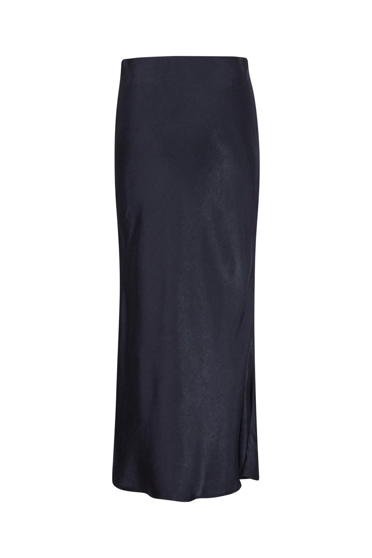 Dark navy blue midi slip skirt in a lustrous satin fabric.  The skirt has a bias cut and a slightly asymmetrical hem.