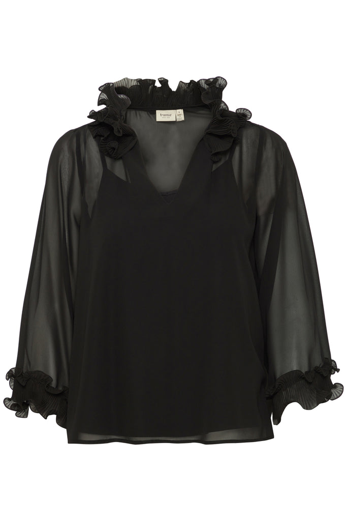 Black sheer blouse with ruffled sleeves by Fransa. Elegant and flowy design, perfect for layering.
