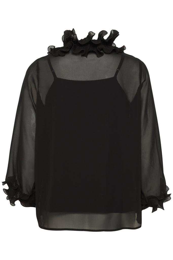 Black sheer blouse by Fransa, featuring ruffled neckline and sleeves. Elegant and stylish design.