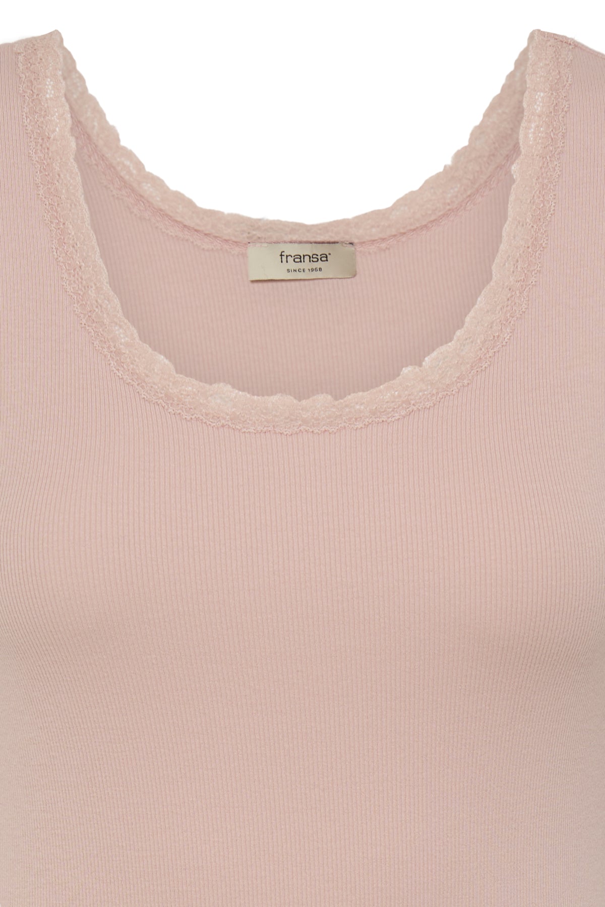 Close-up of a pink ribbed tank top with 'frensa' label on a white background