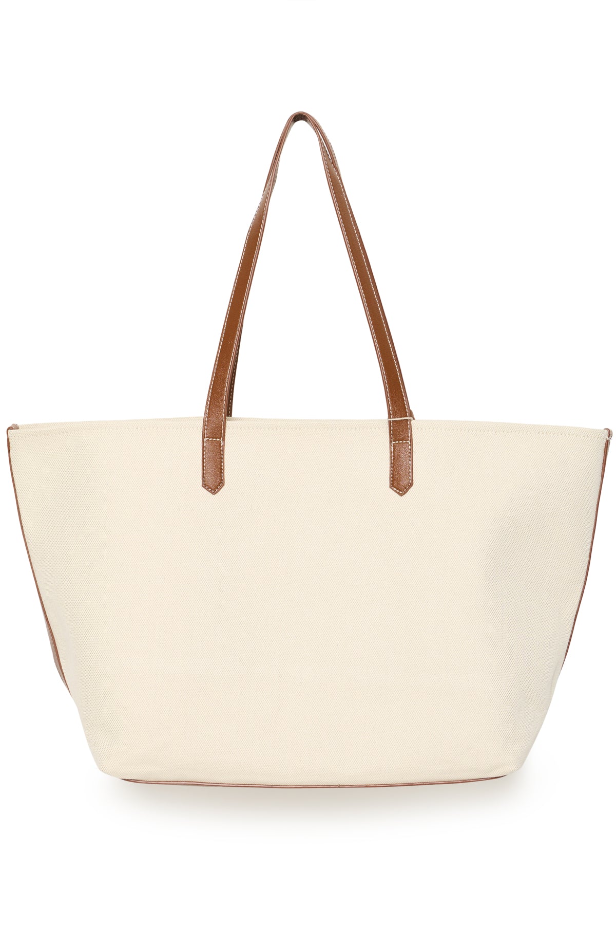 Beige tote bag with brown handle on a white background